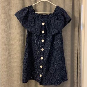 Zara Dark Blue Eyelet Off The Shoulder Dress
